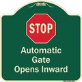 Signmission Designer Series-Stop Automatic Gate Opens Inward With Symbol, 18" x 18", G-1818-9885 A-DES-G-1818-9885